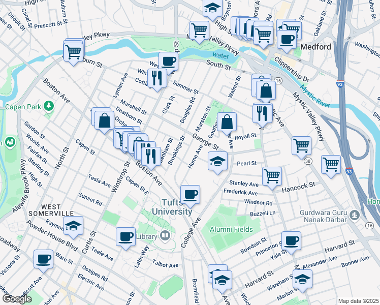 map of restaurants, bars, coffee shops, grocery stores, and more near 8 Burget Avenue in Medford