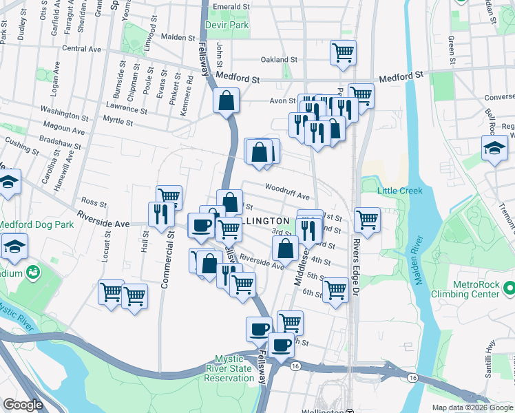 map of restaurants, bars, coffee shops, grocery stores, and more near 101 2nd Street in Medford