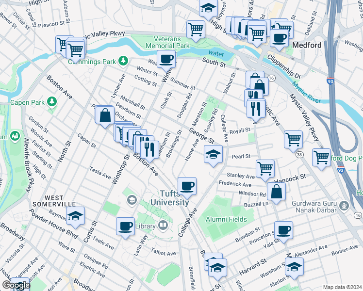 map of restaurants, bars, coffee shops, grocery stores, and more near 29 Burget Avenue in Medford