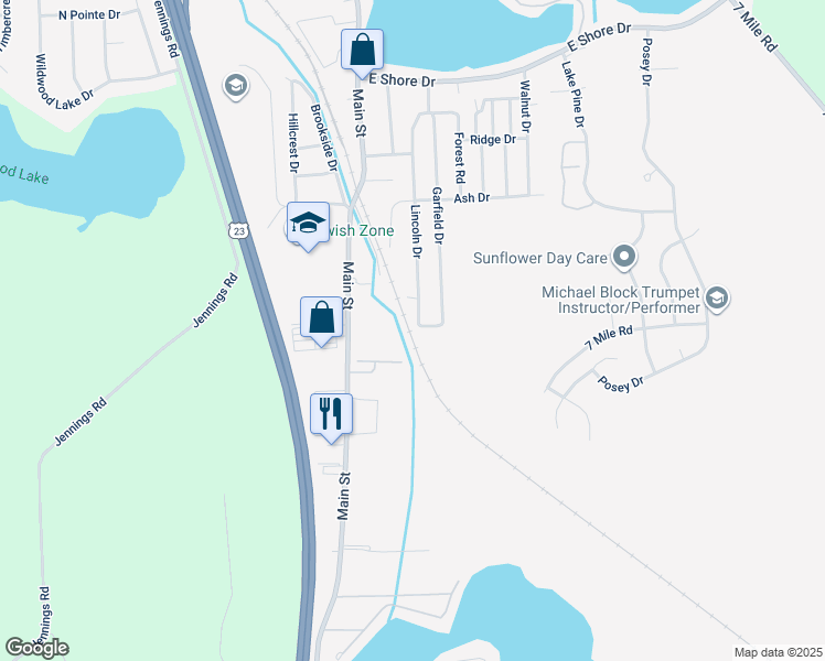 map of restaurants, bars, coffee shops, grocery stores, and more near 168 Pearl Street in Whitmore Lake