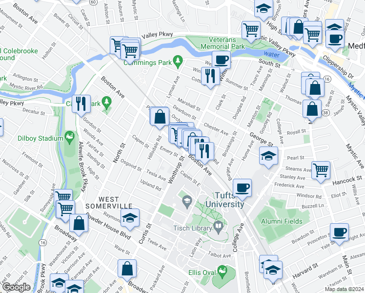 map of restaurants, bars, coffee shops, grocery stores, and more near 324 Boston Avenue in Medford