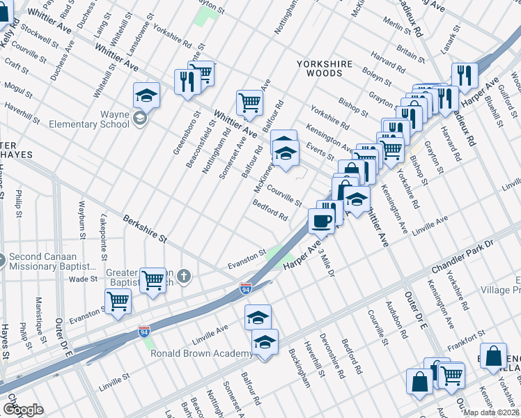 map of restaurants, bars, coffee shops, grocery stores, and more near 9320 Bedford Street in Detroit