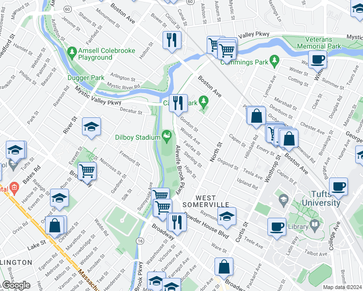 map of restaurants, bars, coffee shops, grocery stores, and more near 349 Alewife Brook Parkway in Somerville