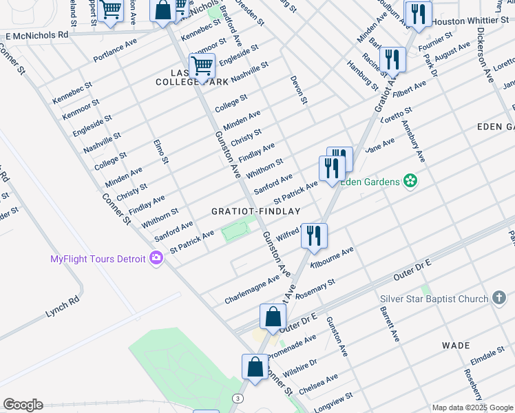 map of restaurants, bars, coffee shops, grocery stores, and more near 11616 Gunston Street in Detroit