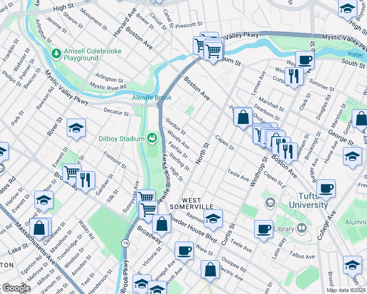 map of restaurants, bars, coffee shops, grocery stores, and more near 29 Gordon Street in Somerville