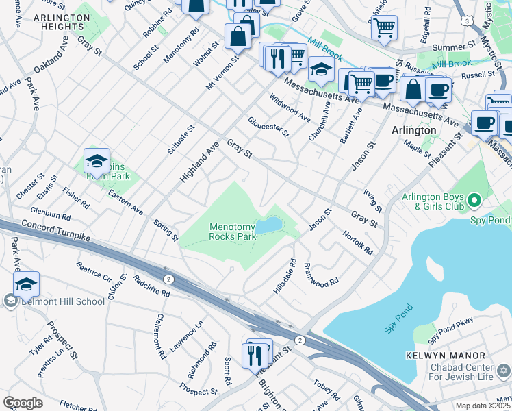 map of restaurants, bars, coffee shops, grocery stores, and more near 33 Valley Road in Arlington