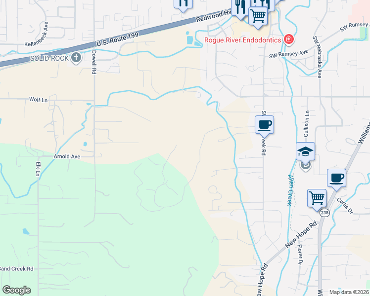 map of restaurants, bars, coffee shops, grocery stores, and more near 377 Bushnell Way in Grants Pass