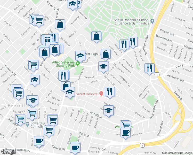 map of restaurants, bars, coffee shops, grocery stores, and more near 30 Harvey Street in Everett