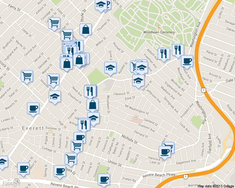 map of restaurants, bars, coffee shops, grocery stores, and more near 23 Griswold Street in Everett