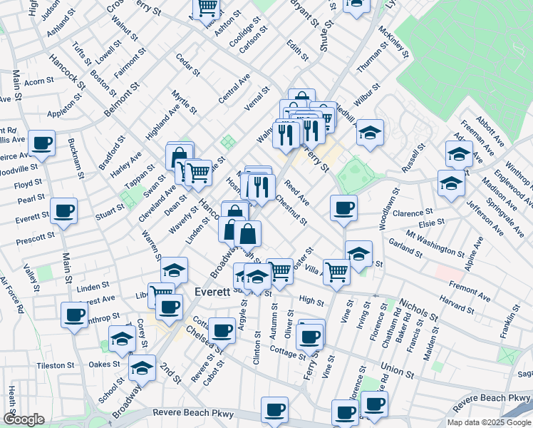 map of restaurants, bars, coffee shops, grocery stores, and more near 634 Broadway in Everett