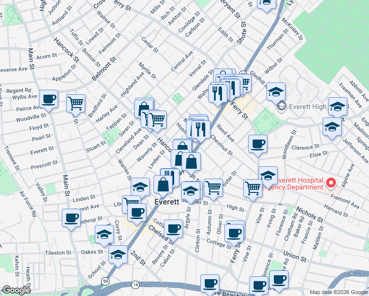 map of restaurants, bars, coffee shops, grocery stores, and more near 8 Sherman Street in Everett