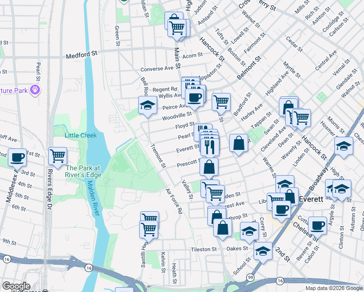 map of restaurants, bars, coffee shops, grocery stores, and more near 47A Pearl Street in Everett