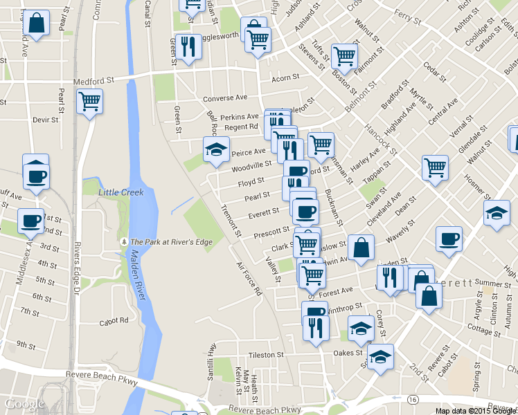 map of restaurants, bars, coffee shops, grocery stores, and more near 47A Pearl Street in Everett