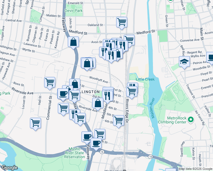 map of restaurants, bars, coffee shops, grocery stores, and more near 37 Woodruff Avenue in Medford