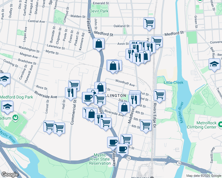 map of restaurants, bars, coffee shops, grocery stores, and more near 135 1st Street in Medford