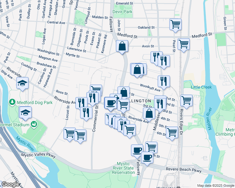 map of restaurants, bars, coffee shops, grocery stores, and more near 862 Fellsway in Medford