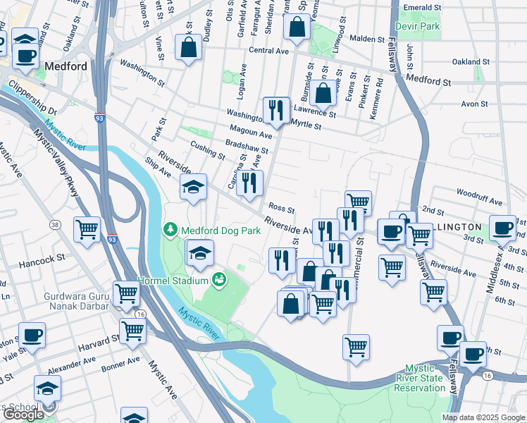map of restaurants, bars, coffee shops, grocery stores, and more near 19 Spring Street in Medford