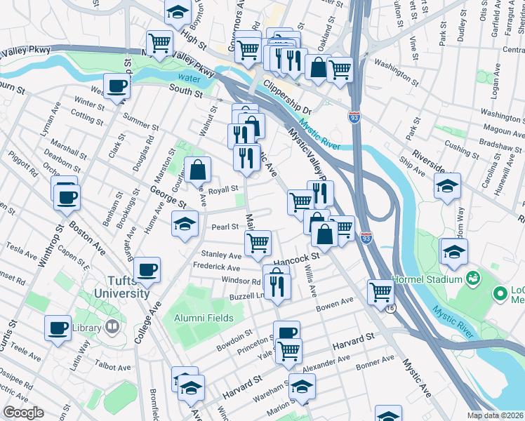 map of restaurants, bars, coffee shops, grocery stores, and more near 45 Sylvia Road in Medford