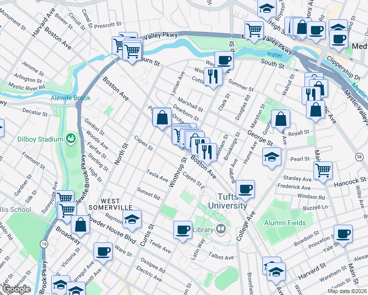 map of restaurants, bars, coffee shops, grocery stores, and more near 308 Boston Avenue in Medford