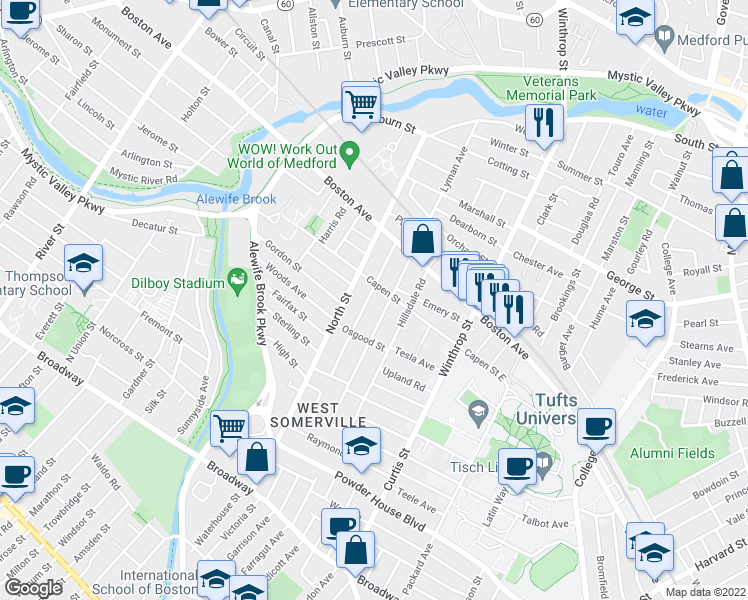 map of restaurants, bars, coffee shops, grocery stores, and more near in Medford