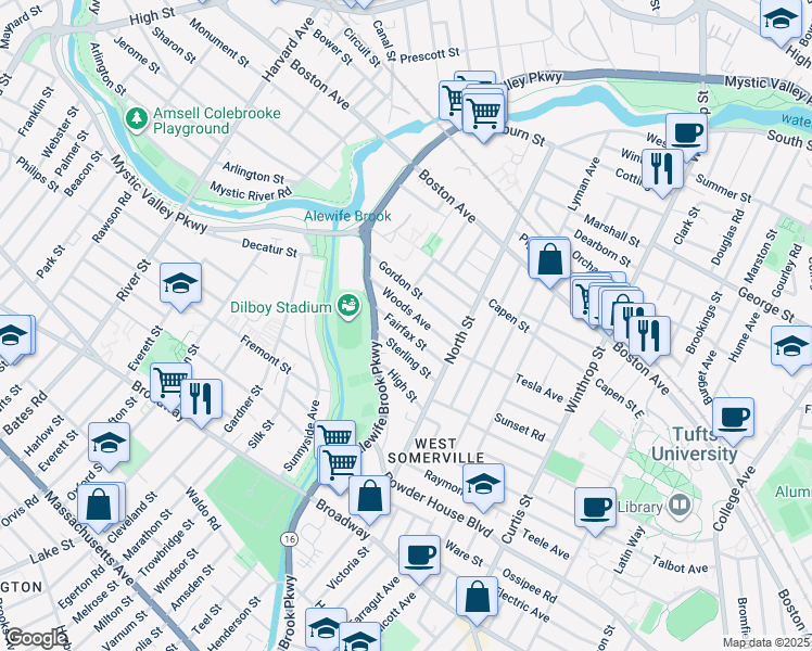 map of restaurants, bars, coffee shops, grocery stores, and more near 70 Woods Avenue in Somerville