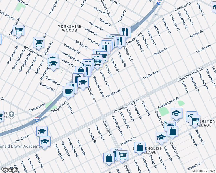 map of restaurants, bars, coffee shops, grocery stores, and more near 6015 Yorkshire Road in Detroit