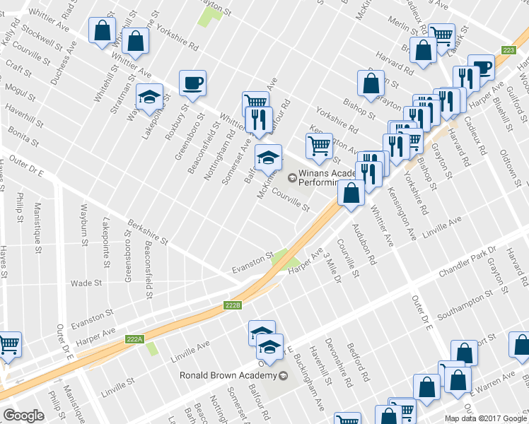 map of restaurants, bars, coffee shops, grocery stores, and more near 9320 Bedford Street in Detroit