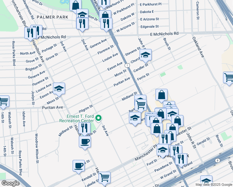 map of restaurants, bars, coffee shops, grocery stores, and more near 61 Puritan Avenue in Highland Park