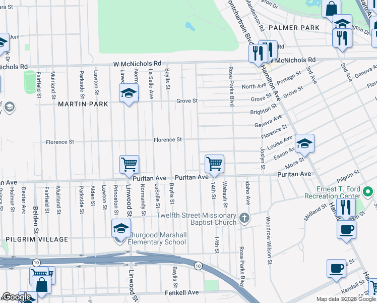 map of restaurants, bars, coffee shops, grocery stores, and more near 16256 Inverness Street in Detroit