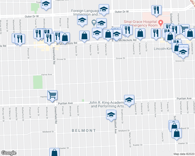 map of restaurants, bars, coffee shops, grocery stores, and more near 16576 Lauder Street in Detroit