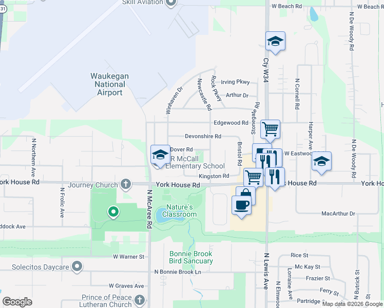 map of restaurants, bars, coffee shops, grocery stores, and more near 2120 Dover Road in Waukegan