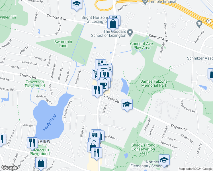 map of restaurants, bars, coffee shops, grocery stores, and more near 1077 Lexington Street in Waltham