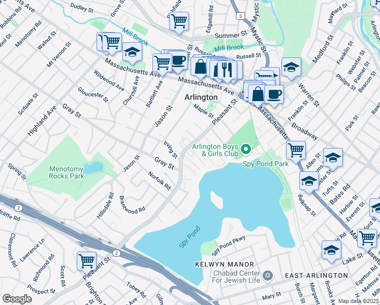 map of restaurants, bars, coffee shops, grocery stores, and more near 118 Massachusetts 60 in Arlington