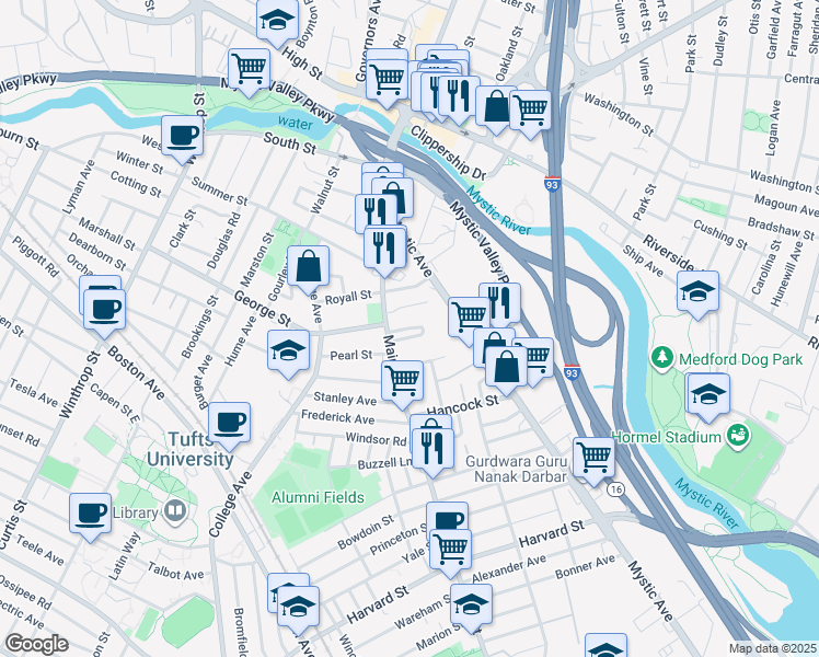 map of restaurants, bars, coffee shops, grocery stores, and more near 45 Sylvia Road in Medford