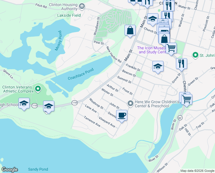 map of restaurants, bars, coffee shops, grocery stores, and more near 274 South Main Street in Clinton