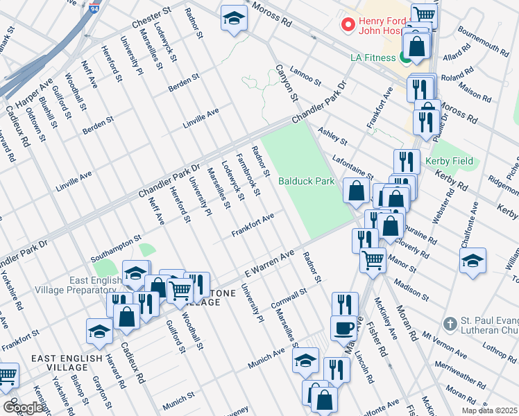 map of restaurants, bars, coffee shops, grocery stores, and more near 5275 Farmbrook Street in Detroit