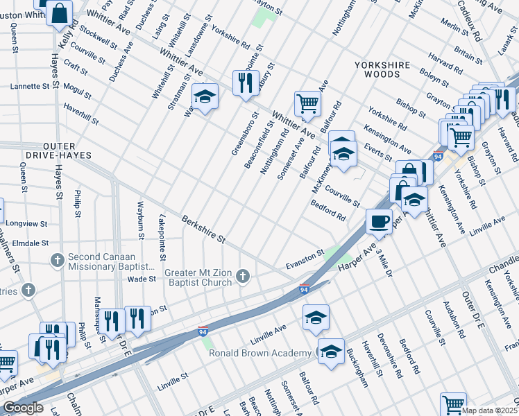 map of restaurants, bars, coffee shops, grocery stores, and more near 10025 Nottingham Road in Detroit