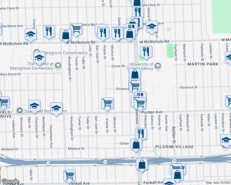 map of restaurants, bars, coffee shops, grocery stores, and more near 16502 Monica Street in Detroit