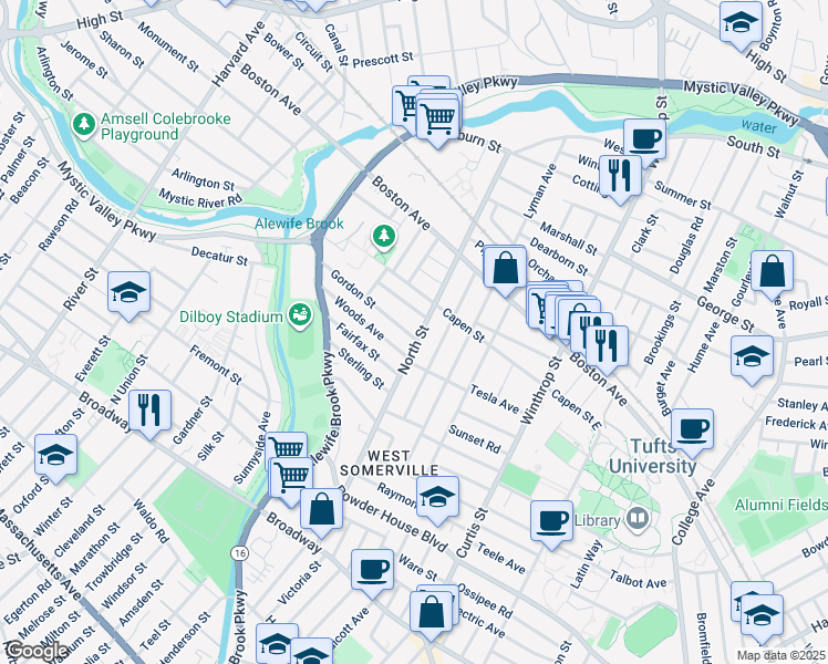 map of restaurants, bars, coffee shops, grocery stores, and more near 113 North Street in Medford