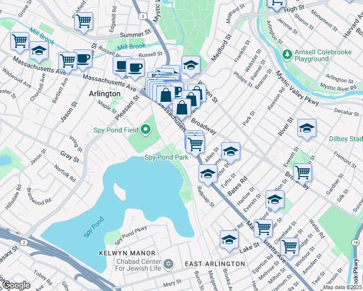map of restaurants, bars, coffee shops, grocery stores, and more near 12 Pond Lane in Arlington