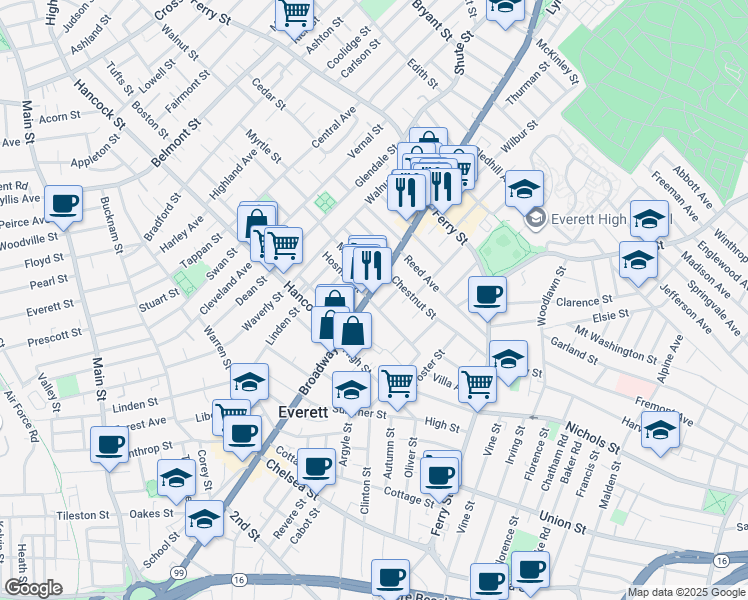 map of restaurants, bars, coffee shops, grocery stores, and more near 634 Broadway in Everett