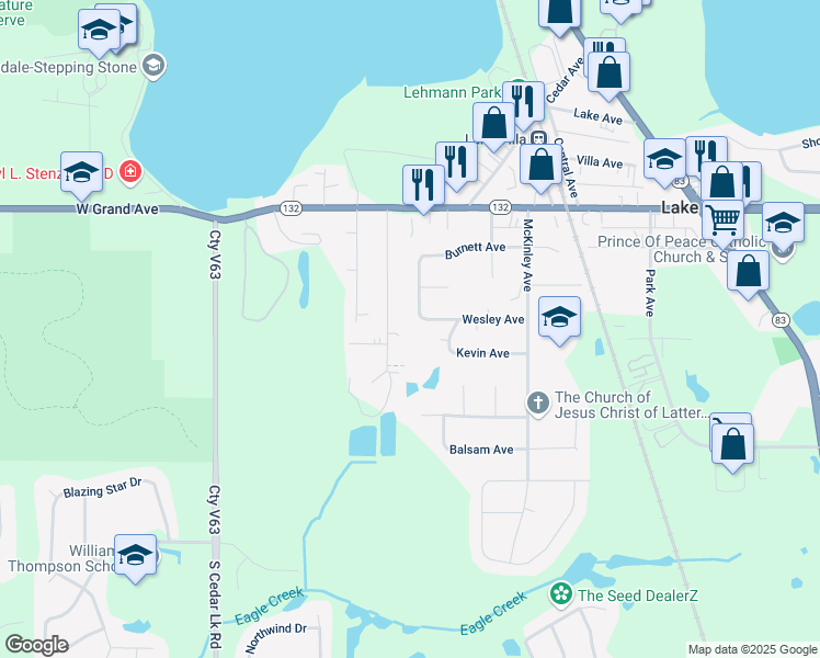 map of restaurants, bars, coffee shops, grocery stores, and more near 120 Walden Lane in Lake Villa