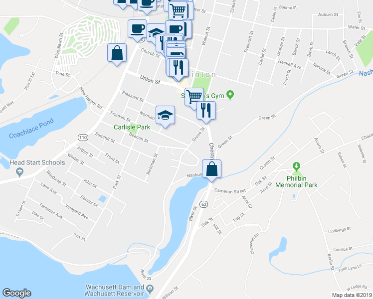 map of restaurants, bars, coffee shops, grocery stores, and more near 72 Grove Street in Clinton