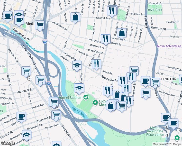 map of restaurants, bars, coffee shops, grocery stores, and more near 306 Riverside Avenue in Medford