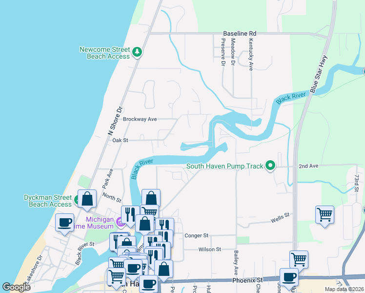 map of restaurants, bars, coffee shops, grocery stores, and more near 300 Oak Street in South Haven
