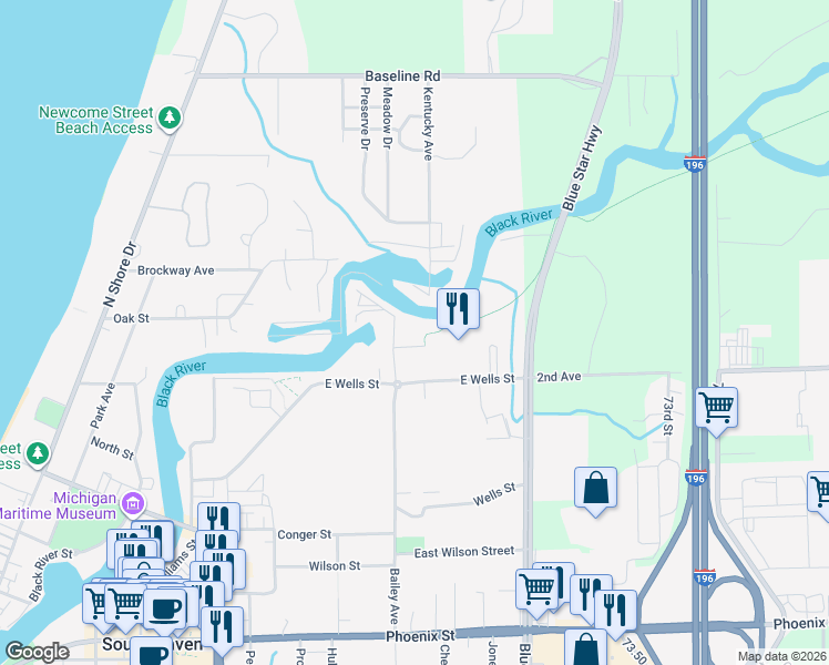 map of restaurants, bars, coffee shops, grocery stores, and more near 45 Bailey Avenue in South Haven