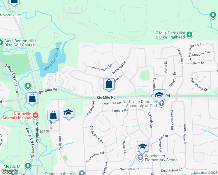 map of restaurants, bars, coffee shops, grocery stores, and more near 42021 Pon Meadow Drive in Northville