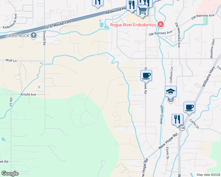 map of restaurants, bars, coffee shops, grocery stores, and more near 2144 Southwest Allen Creek Road in Grants Pass