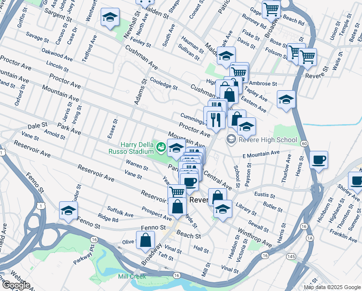 map of restaurants, bars, coffee shops, grocery stores, and more near 144 Mountain Avenue in Revere