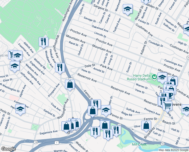 map of restaurants, bars, coffee shops, grocery stores, and more near 30 Arnold Street in Revere